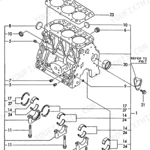 Yanmar 3TNE88L-RBV (VIO40), 3TNE88L-RBV exploded view diagram of the engine cylinder block and main bearing caps.