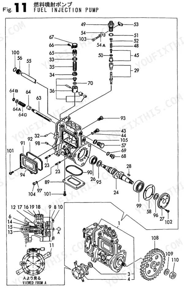 Yanmar 3TNE88L-RBV (VIO40), 3TNE88L-RBV exploded view diagram of the fuel injection pump assembly and components.