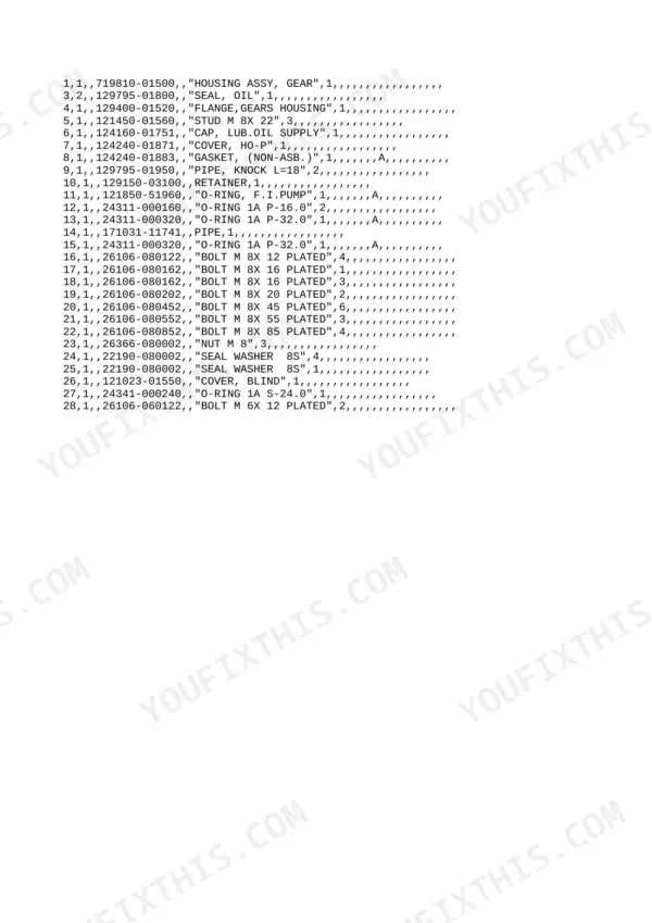 Yanmar 3TNE88L-RBV (VIO40), 3TNE88L-RBV parts list for gear housing assembly, seals, bolts, and O-rings.