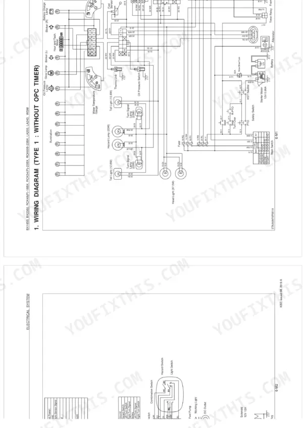 Kubota BX1850, BX2350, RCK48-18BX, RCK54-23BX, RCK60B-23BX, RCK48P-18BX, RCK54P-23BX, LA203, LA243 Type 1 wiring diagram without OPC timer.