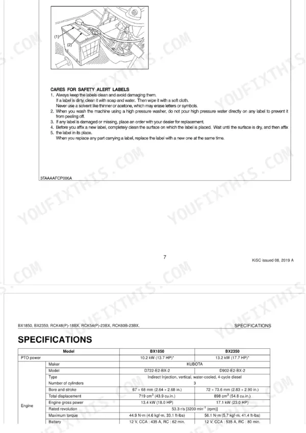 Kubota BX1850, BX2350, RCK48-18BX, RCK54-23BX, RCK60B-23BX, RCK48P-18BX, RCK54P-23BX, LA203, LA243 safety label maintenance instructions and engine specifications table.