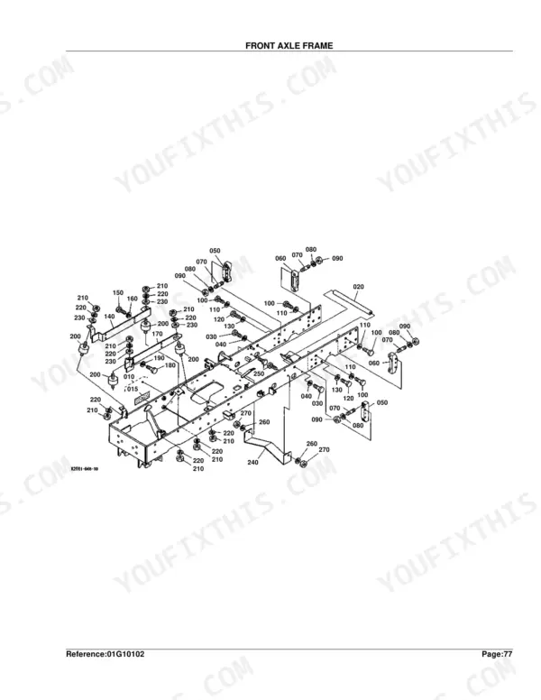 Kubota BX2200D exploded view diagram of the front axle frame assembly with numbered hardware and mounting components.