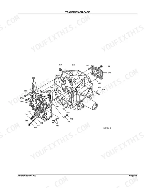 Kubota BX2200D exploded view diagram of the transmission case assembly with numbered component parts.