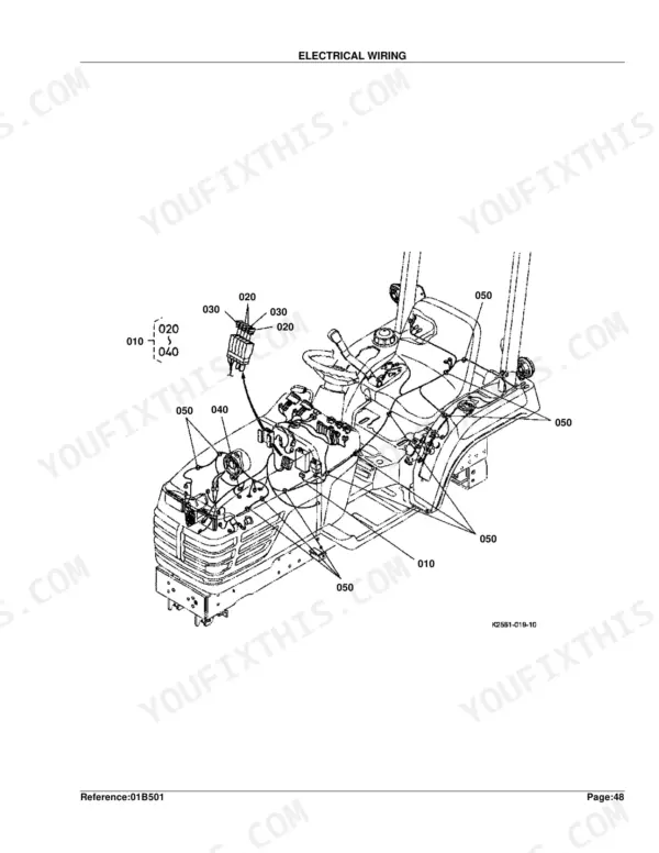 Kubota BX2200D electrical wiring diagram showing harness routing, fuse block, and component locations.