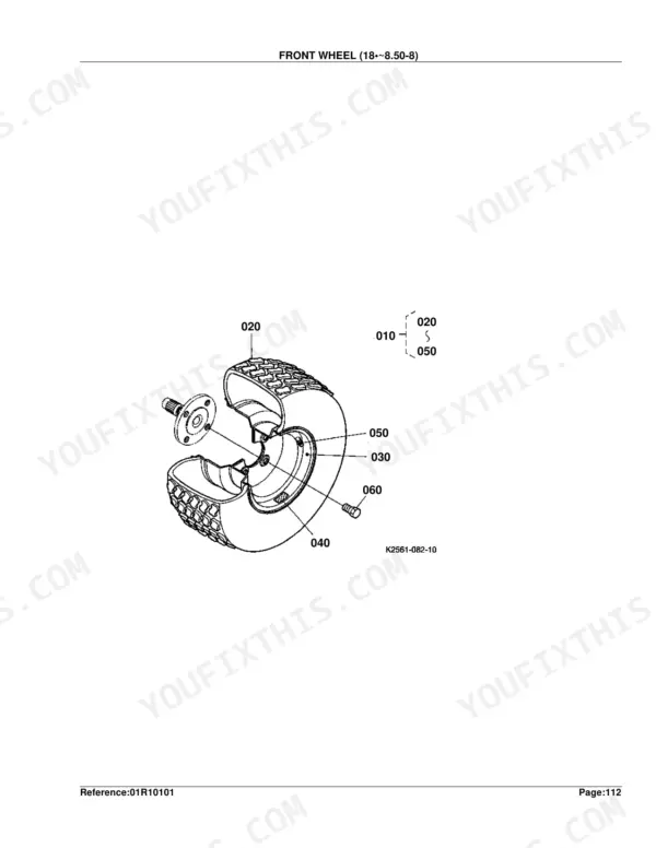 Kubota BX2200D exploded view diagram of the front wheel assembly, including tire, rim, and mounting hardware components.