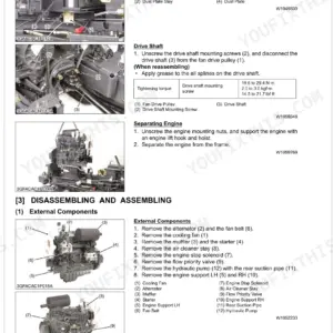 Kubota F2880, F3680, RCK72P-F36, RCK72R-F36, RCK60P-F36, RCK60R-F36 engine disassembly, radiator, drive shaft, and component removal.