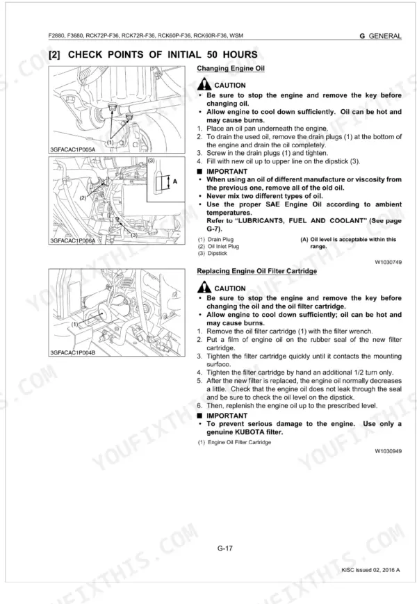 Kubota F2880, F3680, RCK72P-F36, RCK72R-F36, RCK60P-F36, RCK60R-F36 manual page for initial 50-hour engine oil and filter change.