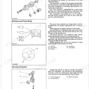 Kubota L3010, L3410, L3710, L4310 engine manual showing crankshaft, piston rings, and connecting rod exploded views.