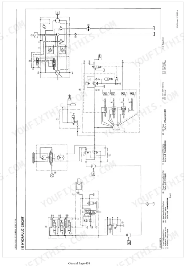 Kubota L3010, L3410, L3710, L4310 hydraulic circuit diagram showing control valves, HST, GST valve, and oil cooler components.