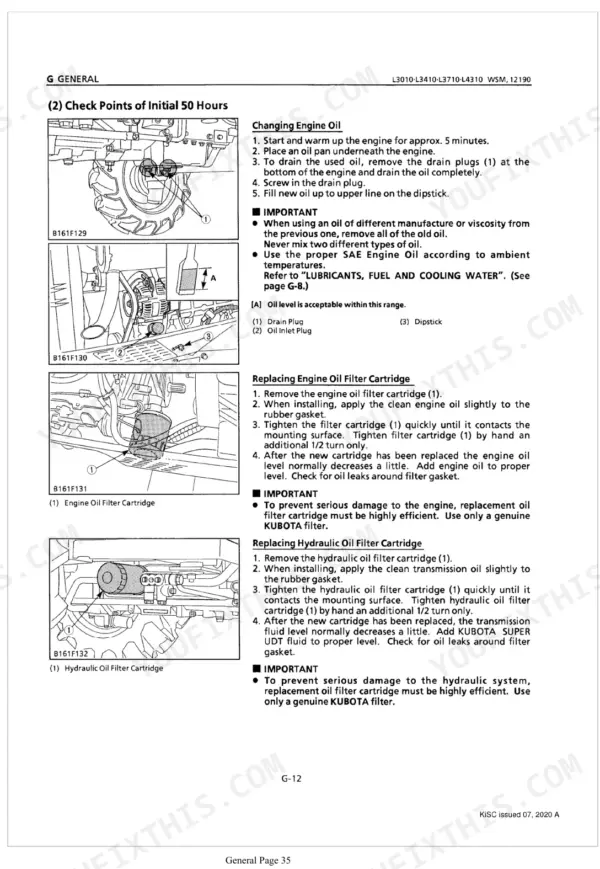 Kubota L3010, L3410, L3710, L4310 service manual page for changing engine oil and replacing oil and hydraulic filters.