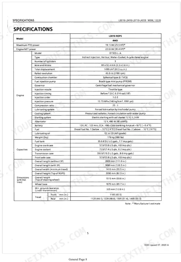 Kubota L3010, L3410, L3710, L4310 technical specifications table for D1503-L-A engine, capacities, and dimensions.