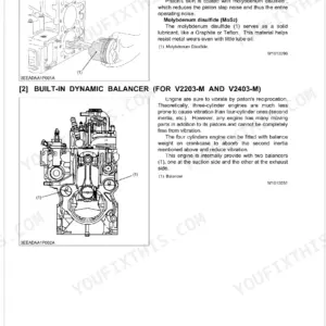 Kubota L3130, L3430, L3830, L4330, L4630, L5030 engine body diagrams showing piston installation and dynamic balancer.