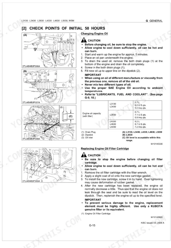 Kubota L3130, L3430, L3830, L4330, L4630, L5030 engine oil change and filter replacement procedures with capacity table.