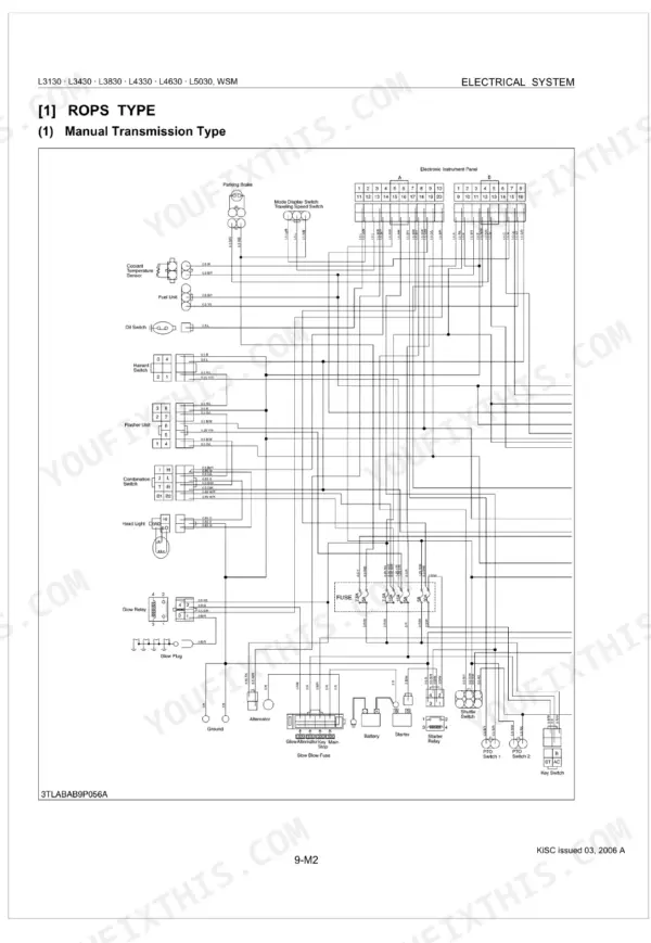 Kubota L3130, L3430, L3830, L4330, L4630, L5030 electrical system wiring diagram for ROPS manual transmission models.
