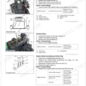 Kubota L3200, L3800 engine cylinder head, injection pipe, and nozzle holder disassembly and torque specifications.