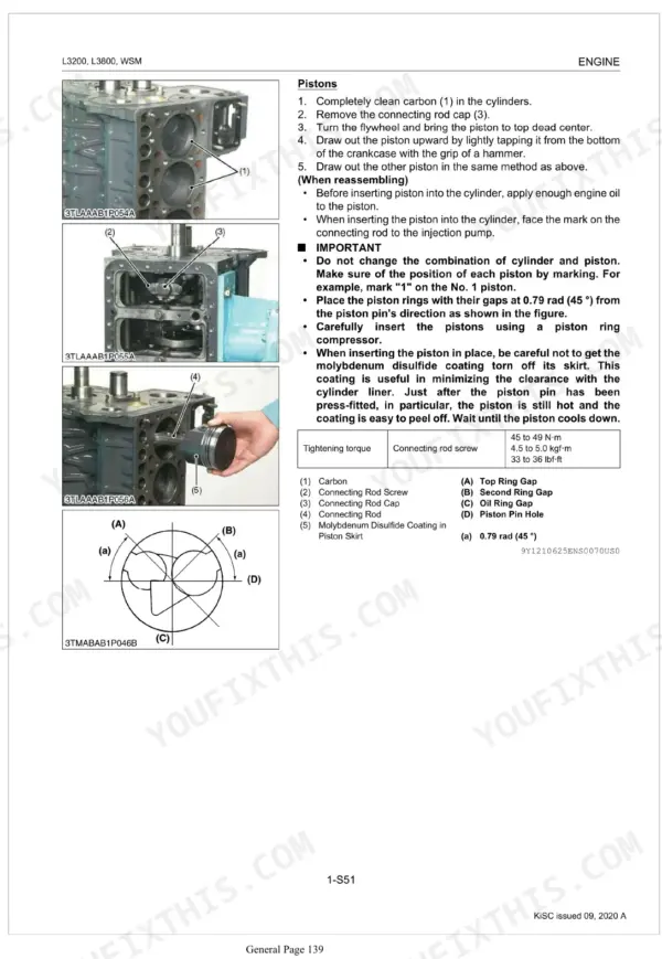 Kubota L3200, L3800 engine piston removal and installation procedure, torque specs, and ring gap diagram.