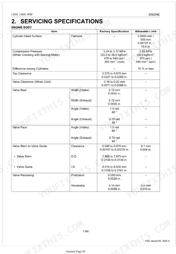 Kubota L3200, L3800 engine body servicing specifications table for cylinder head, valve clearance, and valve seat dimensions.
