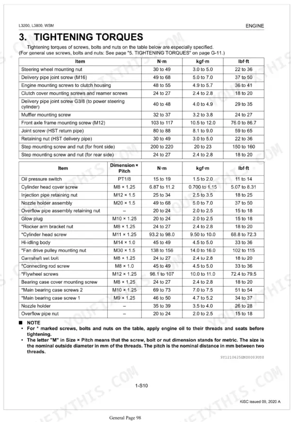 Kubota L3200, L3800 engine tightening torque specification tables for chassis and engine components.