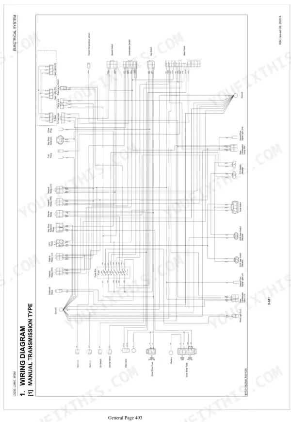 Kubota L3200, L3800 electrical system wiring diagram for manual transmission models showing fuses, relays, and switches.