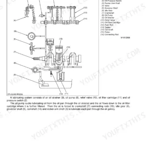 Kubota L3200 engine lubricating system diagram showing oil pump, filter, crankshaft, and rocker arm components.