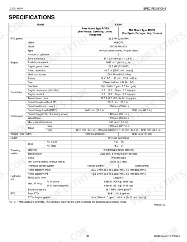 Kubota L3200 technical specifications table including engine, dimensions, capacities, hydraulic, and traveling system data.