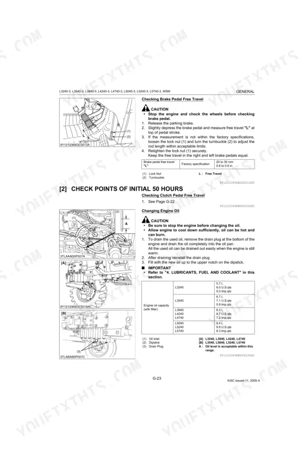 Kubota L3240-3 to L5740-3 service manual: brake pedal free travel adjustment and engine oil change procedures with capacity table.