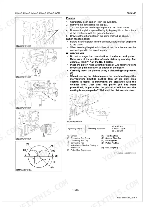 Kubota L3240-3, L3540-3, L4240-3, L5240-3, L5740-3 engine manual: piston removal, installation, and ring gap procedures.