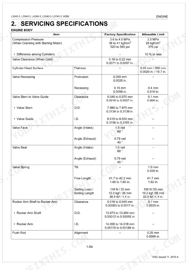 Kubota L3240-3, L3540-3, L4240-3, L5240-3, L5740-3 engine body servicing specifications table for valves, springs, and rockers.