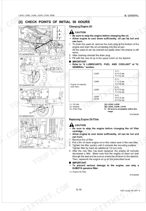 Kubota L3240, L3540, L4240, L5240, L5740 engine oil change and filter replacement procedures with capacity table.