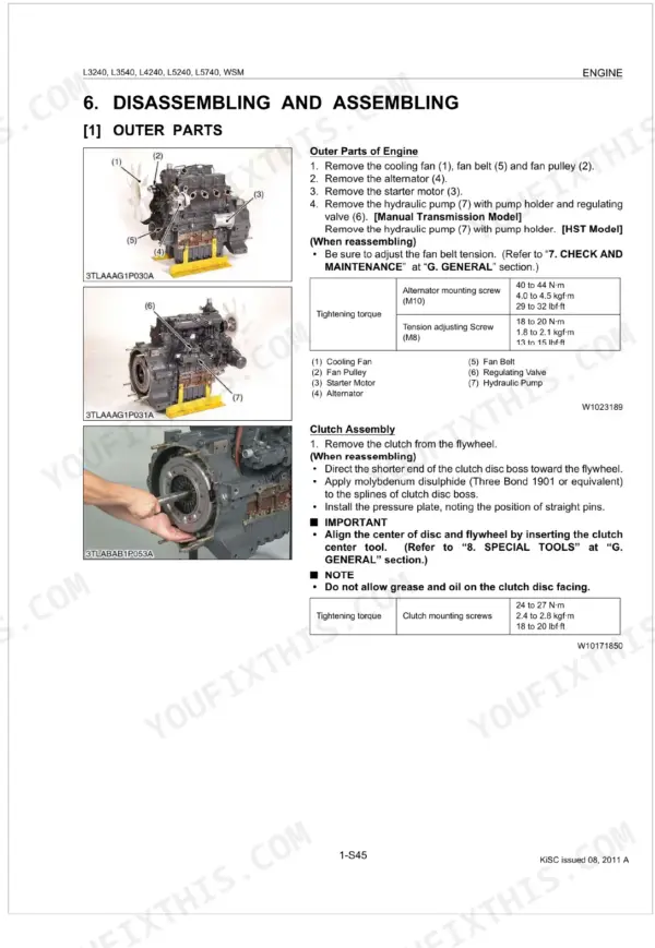 Kubota L3240, L3540, L4240, L5240, L5740 engine outer parts disassembly, clutch assembly procedures, and torque specs.