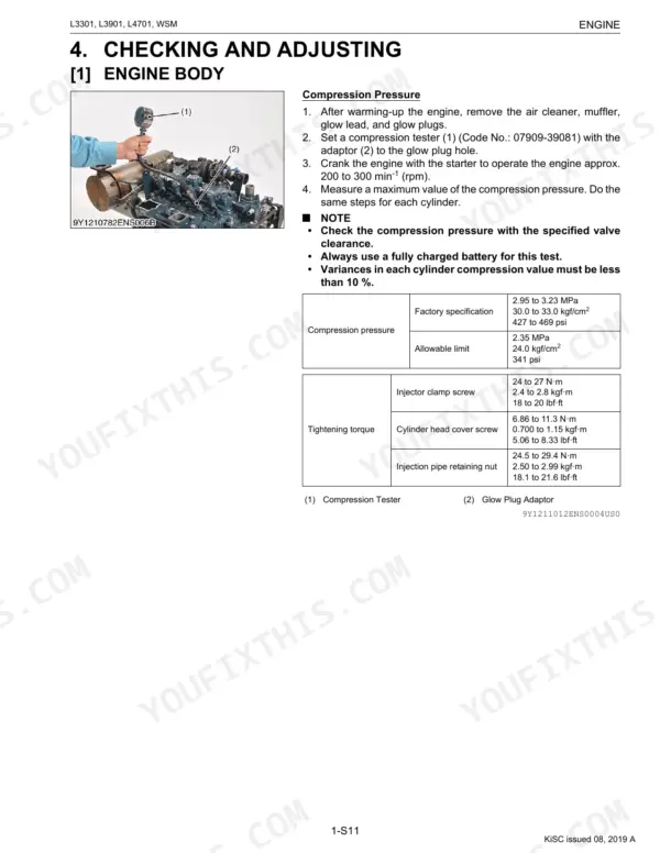 Kubota L3301, L3901, L4701 engine compression pressure test procedure, specifications, and tightening torque table.