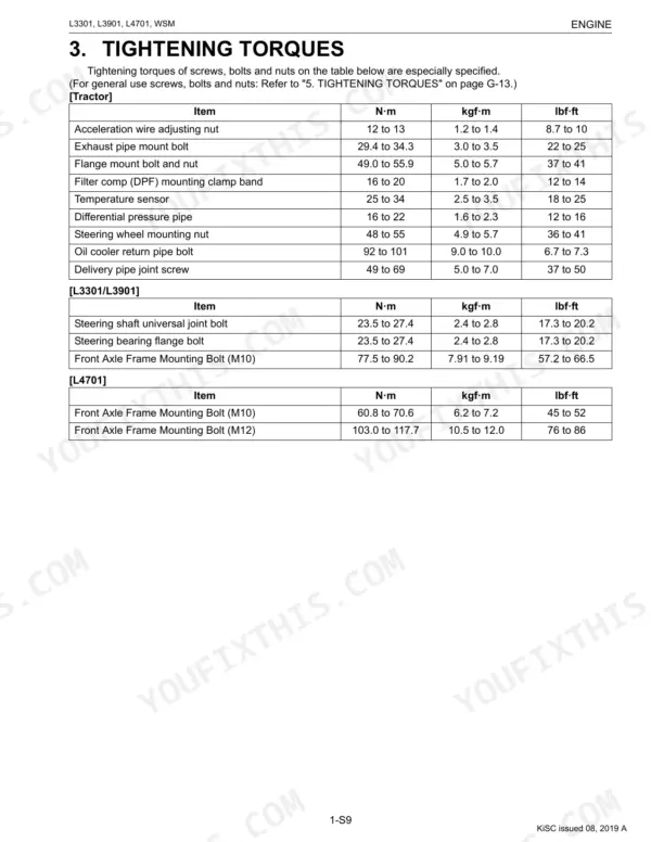 Kubota L3301, L3901, L4701 engine tightening torque specification tables for tractor, steering, and axle components.