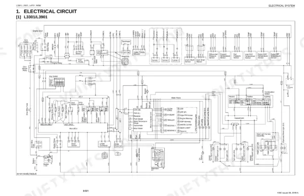 Kubota L3301, L3901, L4701 electrical circuit wiring diagram showing engine ECU, sensors, and meter panel connections.