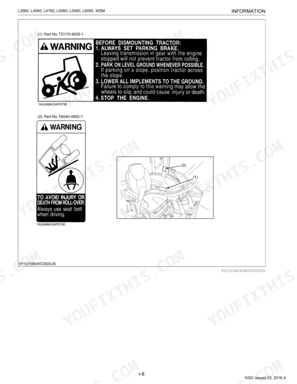 Kubota L3560, L4060, L4760, L5060, L5460, L6060 safety warning labels for tractor dismounting and roll-over protection.