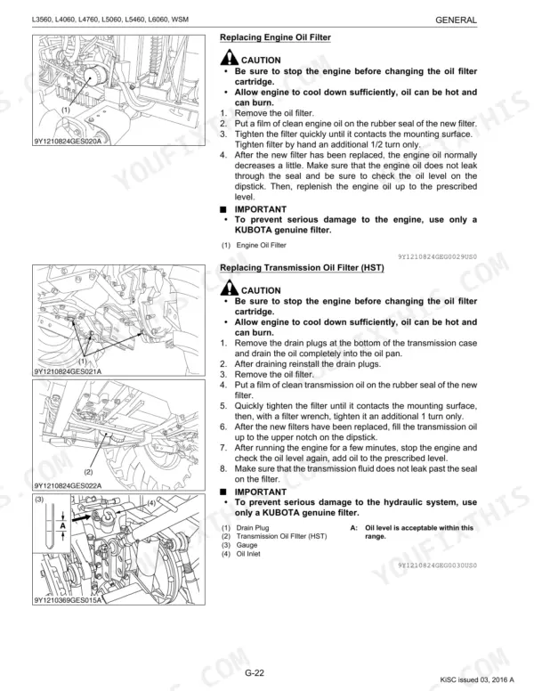 Kubota L3560, L4060, L4760, L5060, L5460, L6060 engine and transmission oil filter replacement procedures.