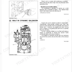 Kubota L4300 engine body manual showing piston installation and built-in dynamic balancer component diagrams.