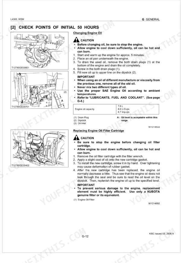 Kubota L4300 service manual: 50-hour maintenance procedures for changing engine oil and replacing oil filter cartridge.