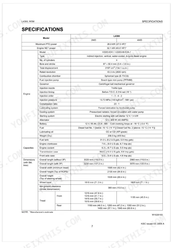 Kubota L4300 technical specifications table including engine, capacities, dimensions, and tread measurements.