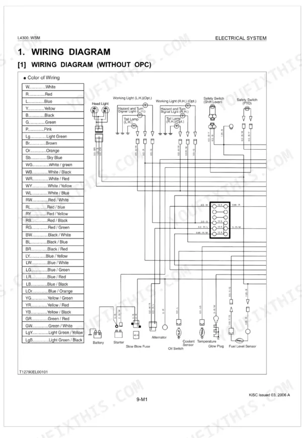 Kubota L4300 electrical system wiring diagram without OPC, including wire color codes and component connections.