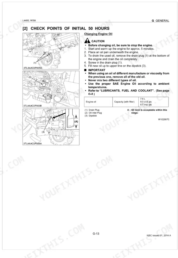 Kubota L4400 engine oil change procedure, drain plug location, oil inlet, dipstick check, and oil capacity table.