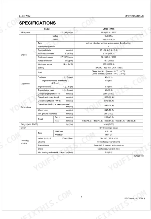 Kubota L4400 technical specifications table including engine, dimensions, capacities, and traveling system data.