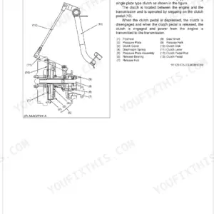 Kubota L4600 traveling clutch structure diagram showing flywheel, pressure plate, and clutch pedal components.