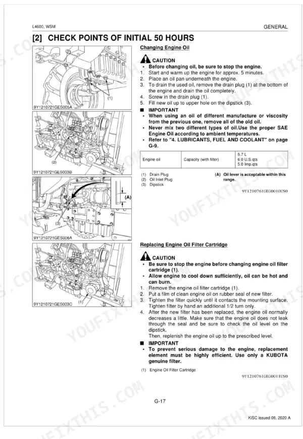 Kubota L4600 service manual page showing engine oil change and oil filter replacement procedures with capacity table.