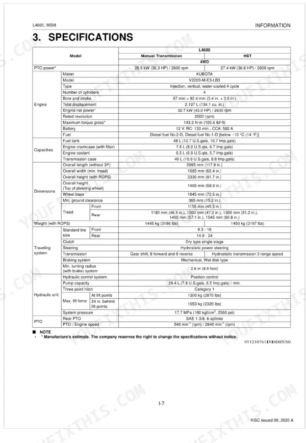 Kubota L4600 tractor technical specifications table including engine, dimensions, capacities, and hydraulic system data.