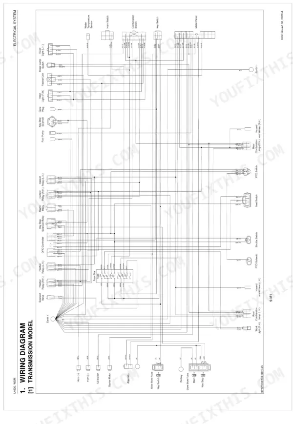 Kubota L4600 electrical system wiring diagram showing fuse box, battery, starter motor, and lighting components.
