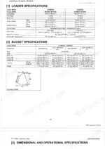 Kubota LA1954AU, LA2254AU loader and bucket specifications table with dimensions and hydraulic pressure data.
