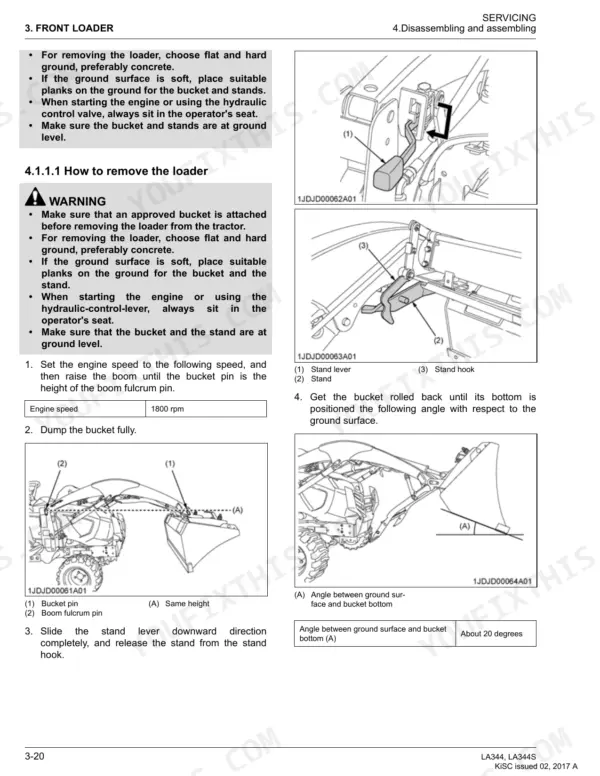 Kubota LA344, LA344S front loader removal procedure, diagrams for stand lever, stand hook, and bucket angle adjustment.