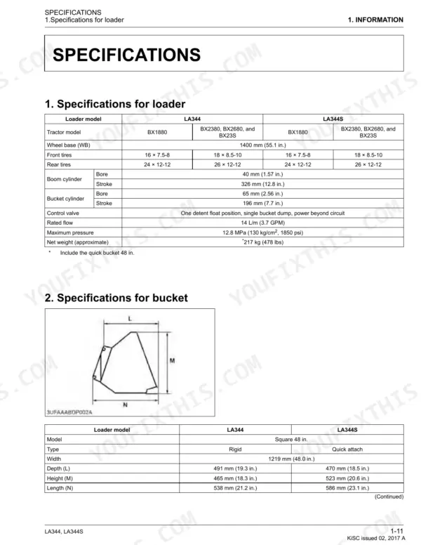 Kubota LA344, LA344S loader and bucket technical specifications table including cylinder bore, stroke, and dimensions.