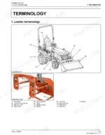 Kubota LA344, LA344S loader terminology diagram identifying boom, bucket, cylinders, levers, and stand components.
