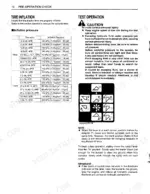 Kubota LA514, LA724, LA854 tire inflation pressure table, test operation safety warnings, and loader control lever diagram.
